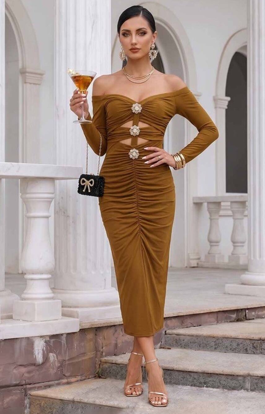 Self-Portrait Off Shoulder Ruched Pearl Crystal Midi Dress Brown US 4